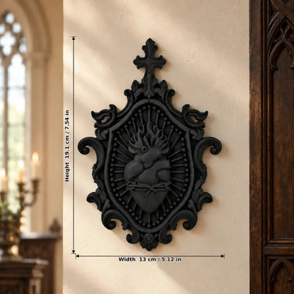 Anatomical heart dimension diagram, 19.1 by 13 cm in a gothic room