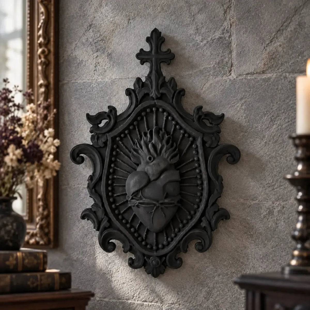 Anatomical heart plaque with cross finial in a gothic room