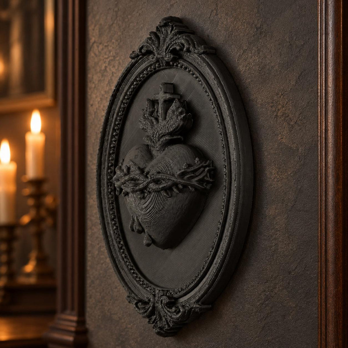 Angled Sacred Heart plaque showing the cross, thorn crown and oval relief border