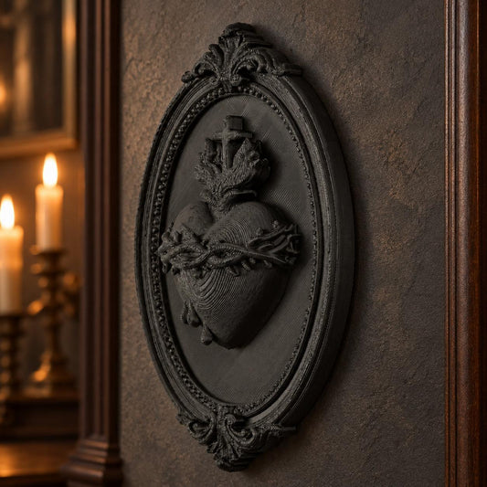 Angled Sacred Heart plaque showing the cross, thorn crown and oval relief border