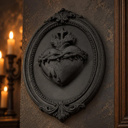 Close view of black Sacred Heart relief with detailed thorns and three droplets