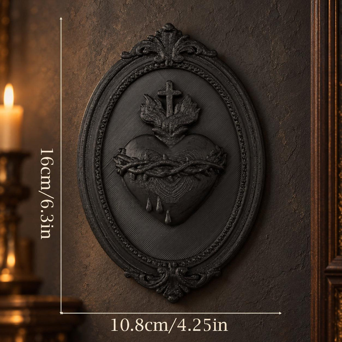 Sacred Heart wall plaque size guide showing 16 cm height and 10.8 cm width