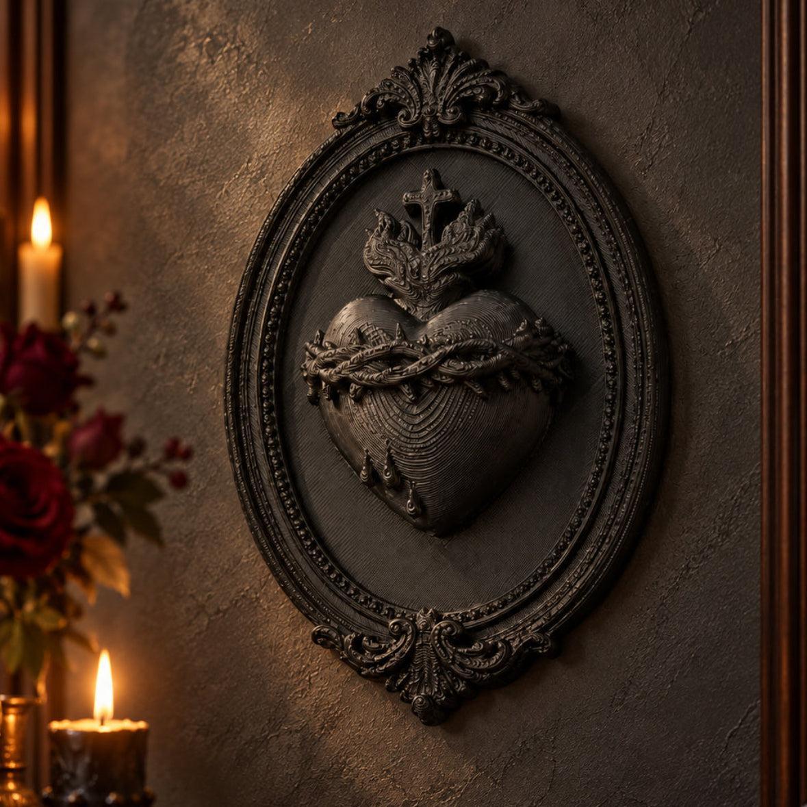 Black Sacred Heart wall plaque with cross, thorns and three droplets in a gothic room