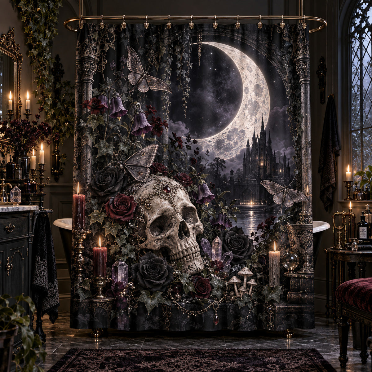 Gothic Shower Curtain - Skull Moon Moth Botanical Decor