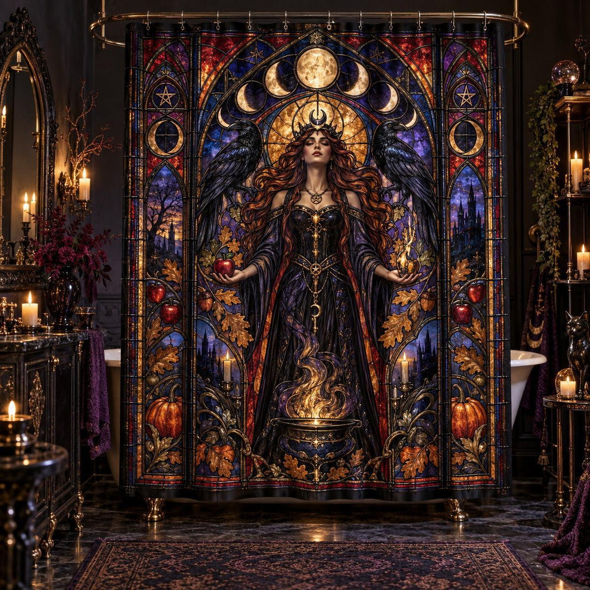 Gothic Shower Curtain - Stained Glass Witch Goddess Decor