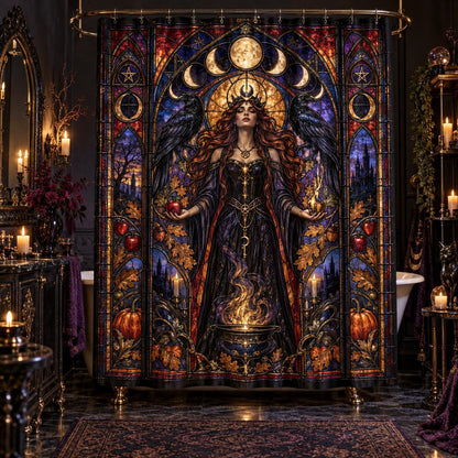 Gothic Shower Curtain - Stained Glass Witch Goddess Decor