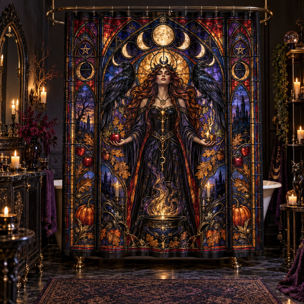 Gothic Shower Curtain - Stained Glass Witch Goddess Decor