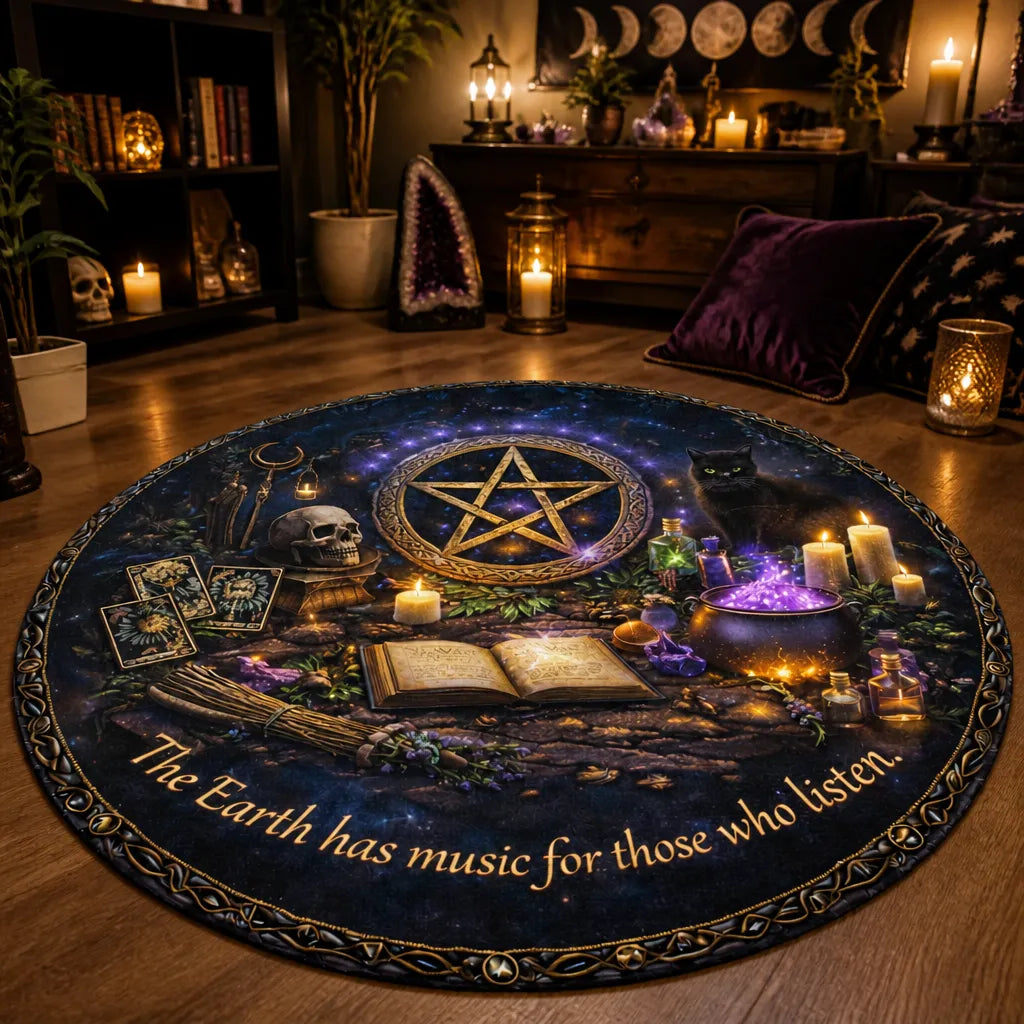 Gothic Skull Black Cat Witchcraft Pentacle Round Rug Wiccan Carpet Pagan Home Decor_mockup_1.webp