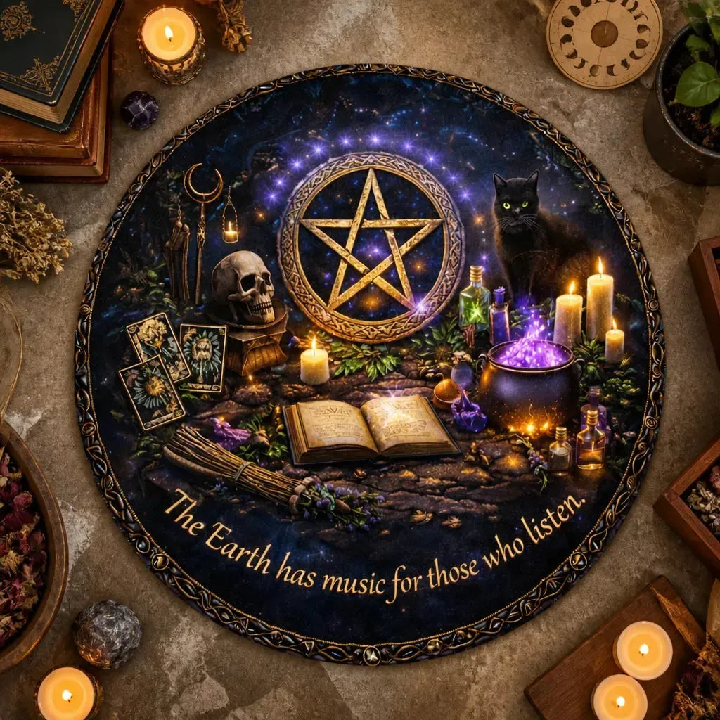 Gothic Skull Black Cat Witchcraft Pentacle Round Rug Wiccan Carpet Pagan Home Decor_mockup_2.webp