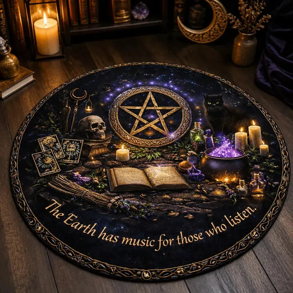 Gothic Skull Black Cat Witchcraft Pentacle Round Rug Wiccan Carpet Pagan Home Decor_mockup_3.webp