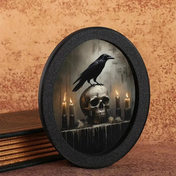 Gothic Skull Black Crows Wall Art - Witchy Raven Wooden Oval Frame Halloween Wall Decoration-MoonChildWorld