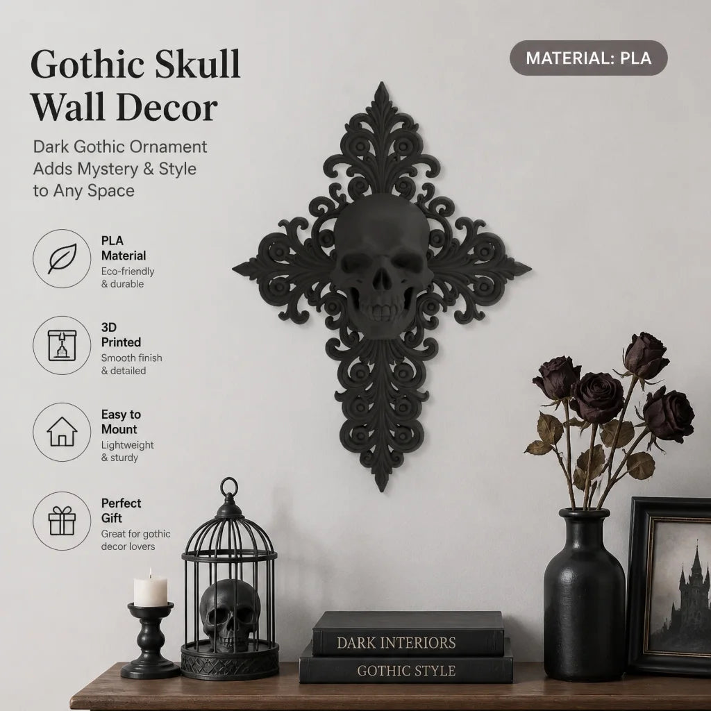 Skull and cross wall plaque hung above a shelf of books