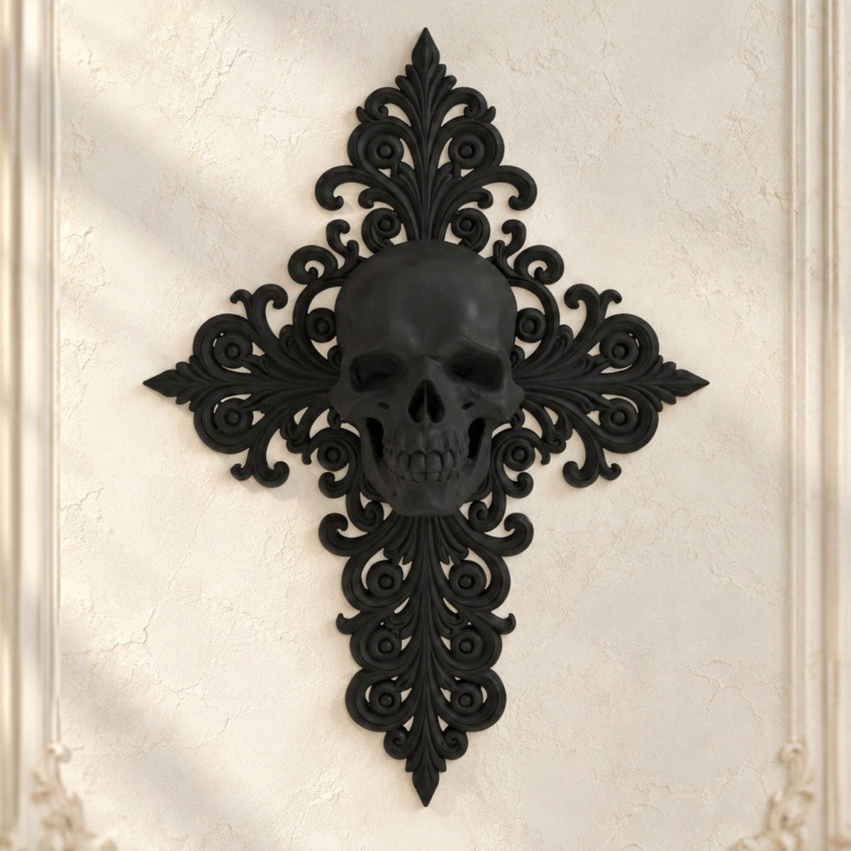Gothic Skull & Cross Ornate Wall Art Plaque on a bright vintage gothic wall, front view.