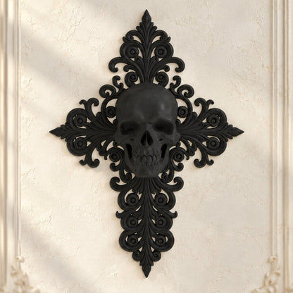 Gothic Skull & Cross Ornate Wall Art Plaque on a bright vintage gothic wall, front view.
