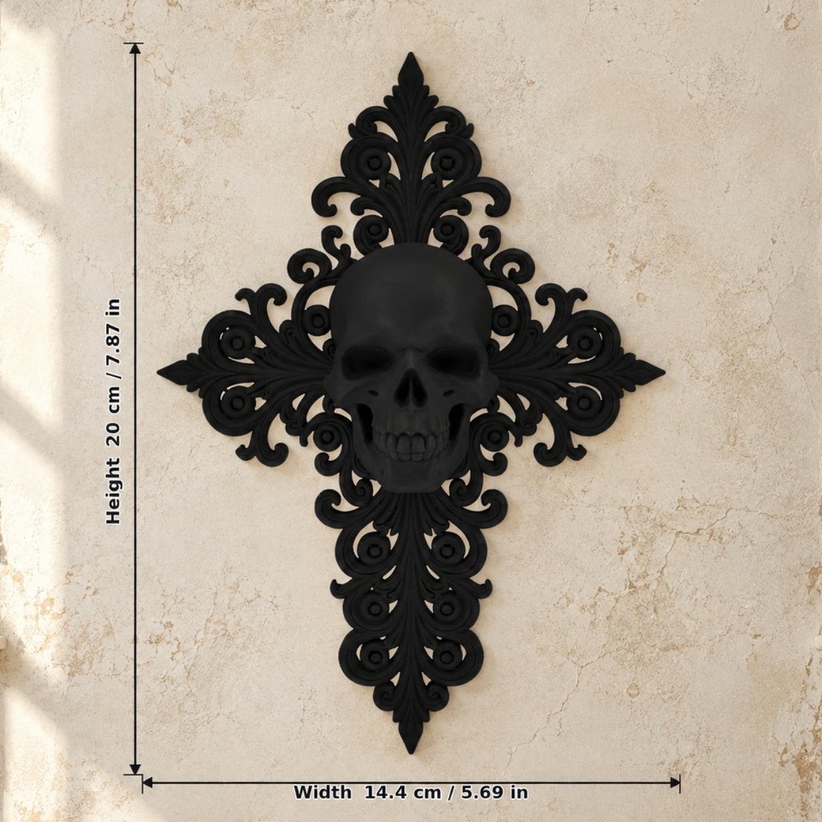 Gothic Skull & Cross Ornate Wall Art Plaque on a bright vintage gothic wall, size reference.