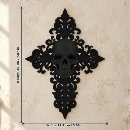 Gothic Skull & Cross Ornate Wall Art Plaque on a bright vintage gothic wall, size reference.