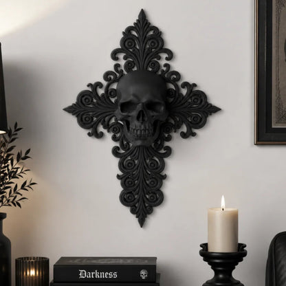 Gothic skull and cross ornate wall art plaque