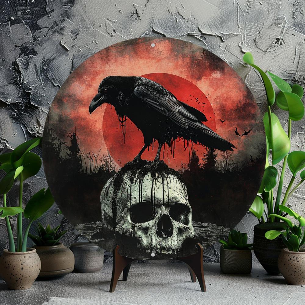 Gothic Skull Crow Wall Sign Black Raven Goth Metal Sign Halloween Decor-MoonChildWorld