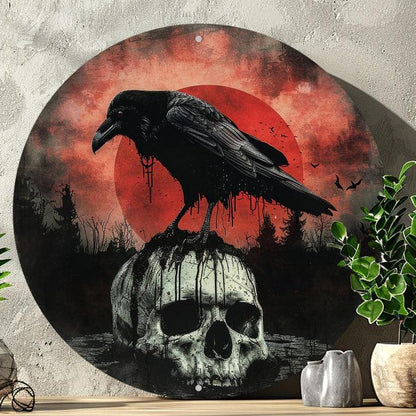 Gothic Skull Crow Wall Sign Black Raven Goth Metal Sign Halloween Decor-MoonChildWorld