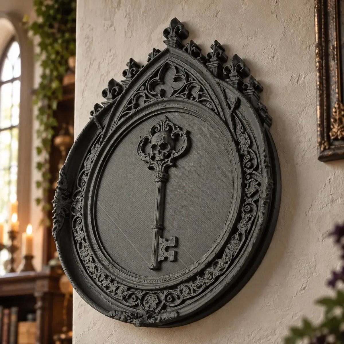 Gothic skull key plaque side view showing raised key motif in a bright gothic room