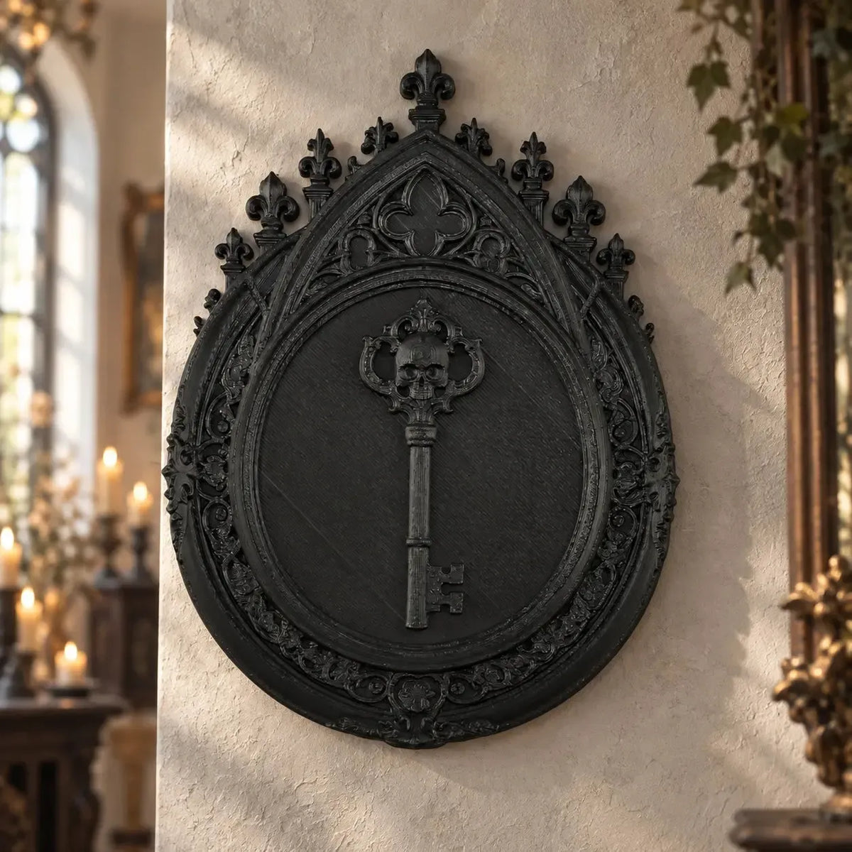 Skull key wall plaque front view with pointed ornate border in a bright gothic room