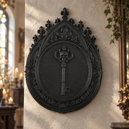 Skull key wall plaque front view with pointed ornate border in a bright gothic room