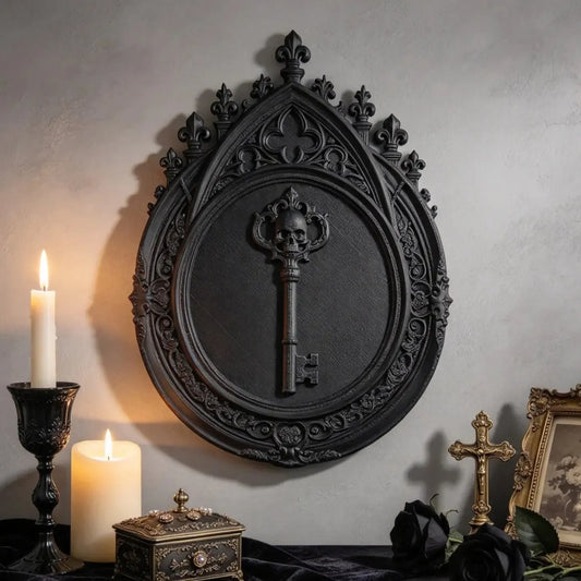Gothic skull key wall plaque styled beside candles and antique-inspired decor