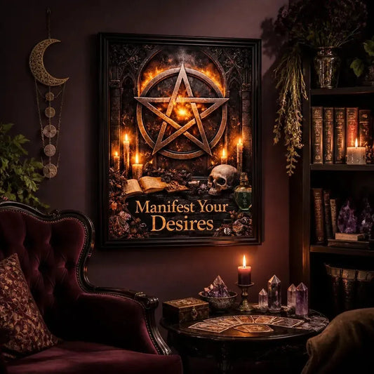 Gothic Skull Pentagram Wall Art - Black Framed Witchcraft Canvas Print for Halloween Decor_mockup_1.webp