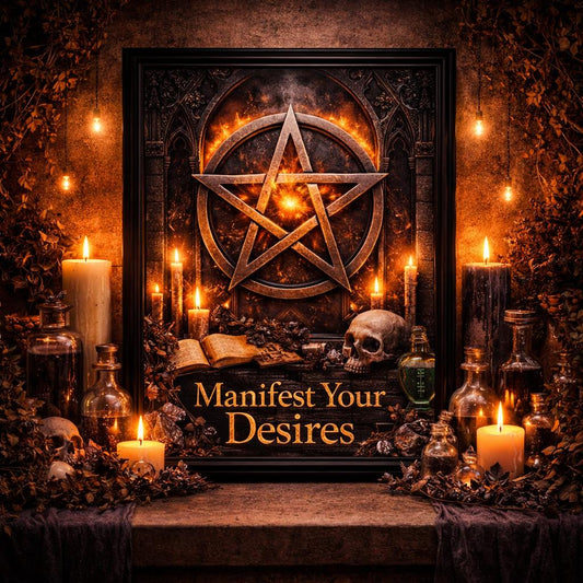 Black framed Gothic pentagram wall art with "Manifest Your Desires" text, surrounded by candles, skulls, and potions.