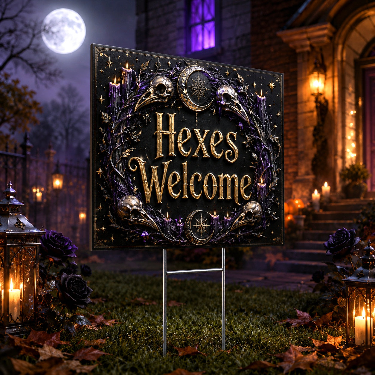Gothic Skull Raven Hexes Welcome Witchy Halloween Yard Sign - garden display