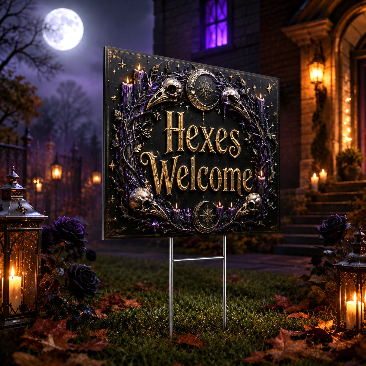 Gothic Skull Raven Hexes Welcome Witchy Halloween Yard Sign - close up detail