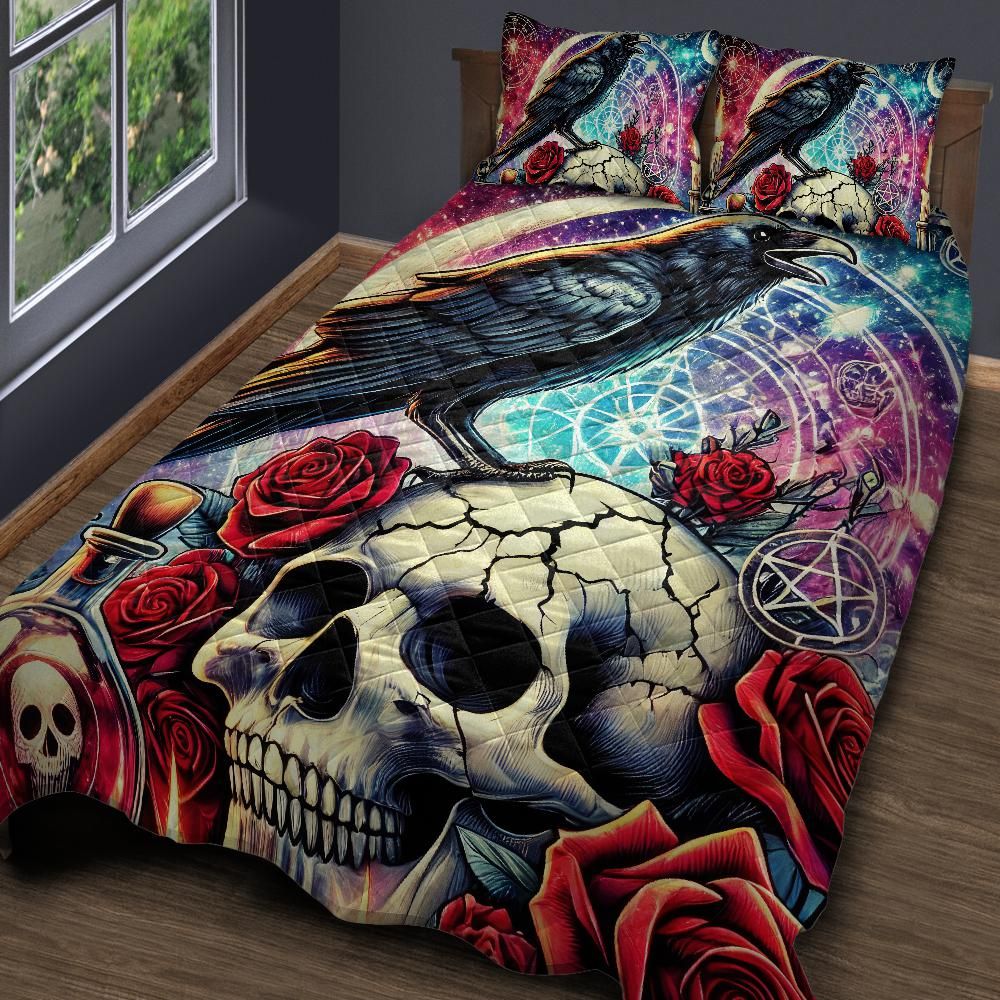 Gothic Skull Raven Quilt Bedding Set for Halloween Witch Decor-MoonChildWorld