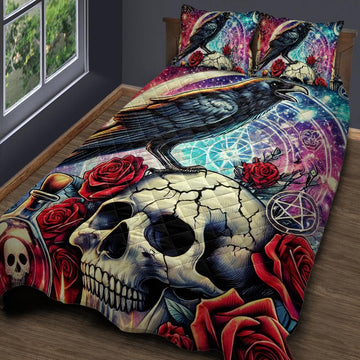 Gothic Skull Raven Quilt Bedding Set for Halloween Witch Decor-MoonChildWorld