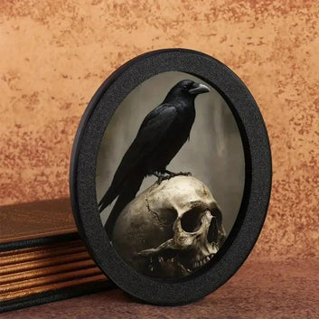 Gothic Skull Raven Wooden Oval Frame - Dark Crows Oval Wall Art - Gothic Halloween Wall Decoration-MoonChildWorld