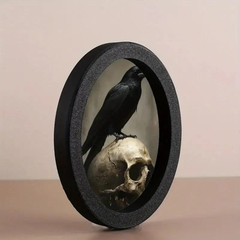 Gothic Skull Raven Wooden Oval Frame - Dark Crows Oval Wall Art - Gothic Halloween Wall Decoration-MoonChildWorld