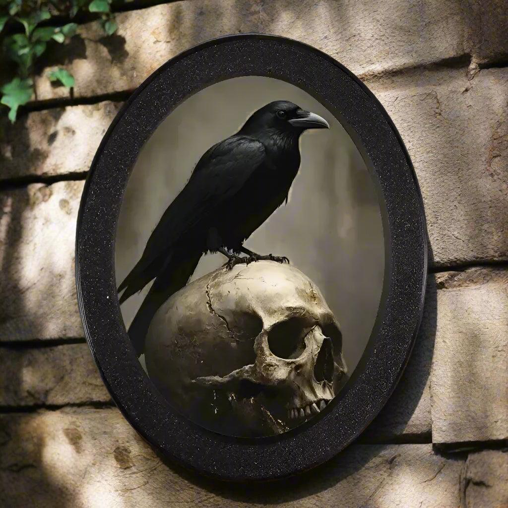 Gothic Skull Raven Wooden Oval Frame - Dark Crows Oval Wall Art - Gothic Halloween Wall Decoration-MoonChildWorld