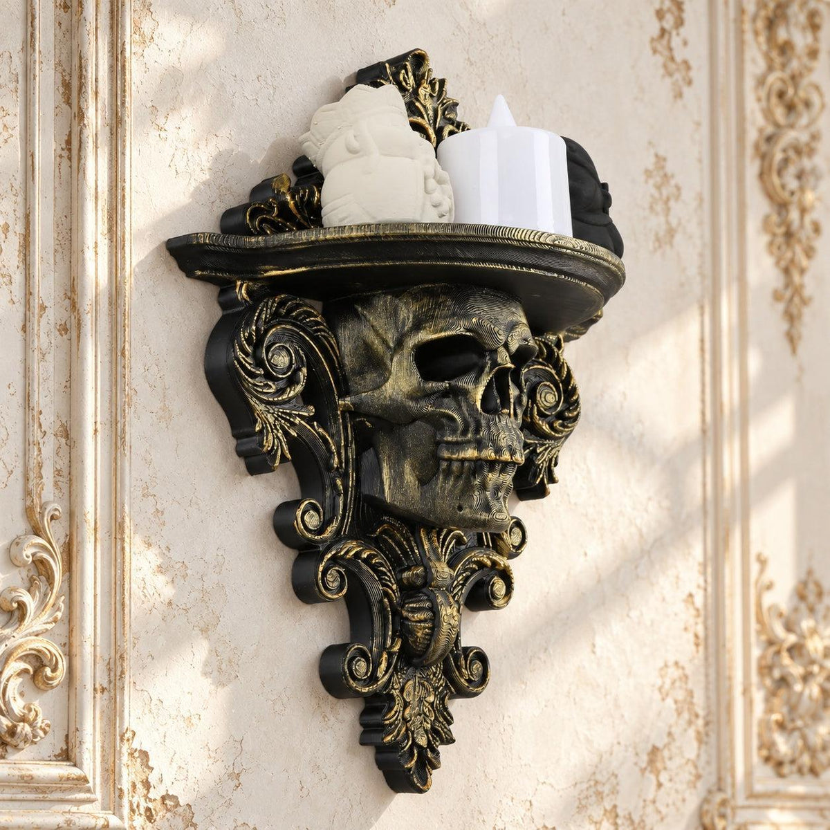 Gothic Skull Wall Mount Shelf Floating Display Shelf — original view 3 in a bright gothic vintage setting