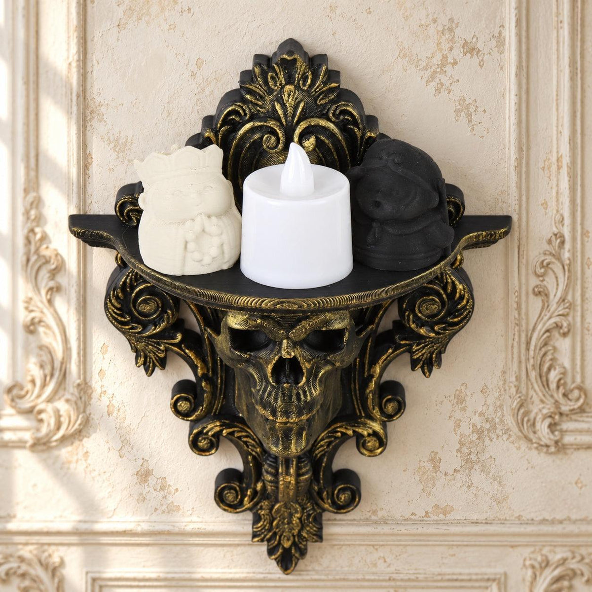 Gothic Skull Wall Mount Shelf Floating Display Shelf — original view 4 in a bright gothic vintage setting