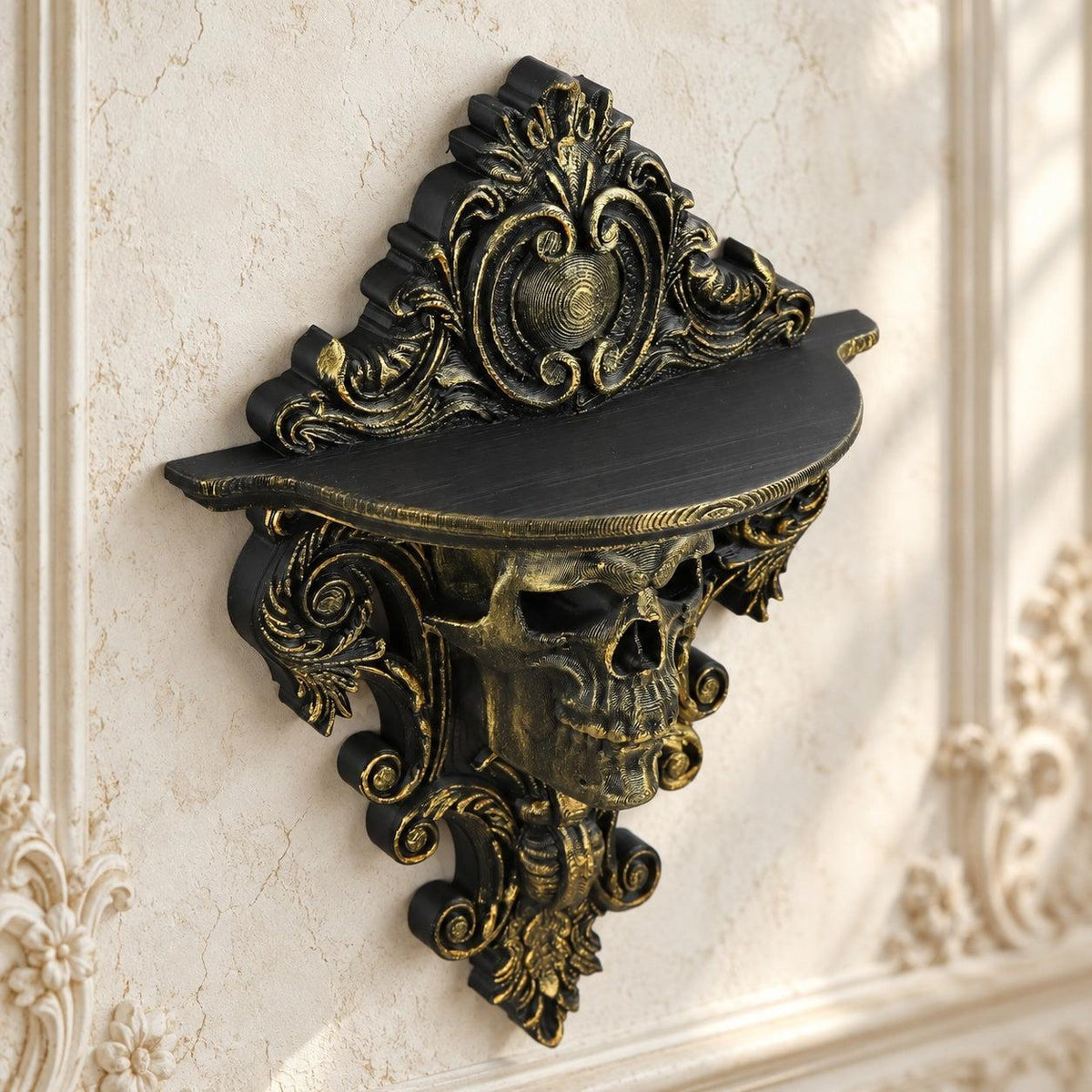 Gothic Skull Wall Mount Shelf Floating Display Shelf — original view 5 in a bright gothic vintage setting