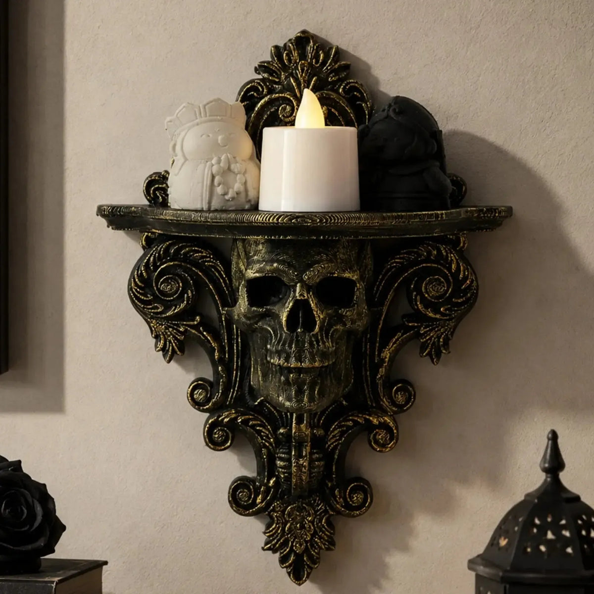 Gothic skull wall mount shelf with baroque carved detail