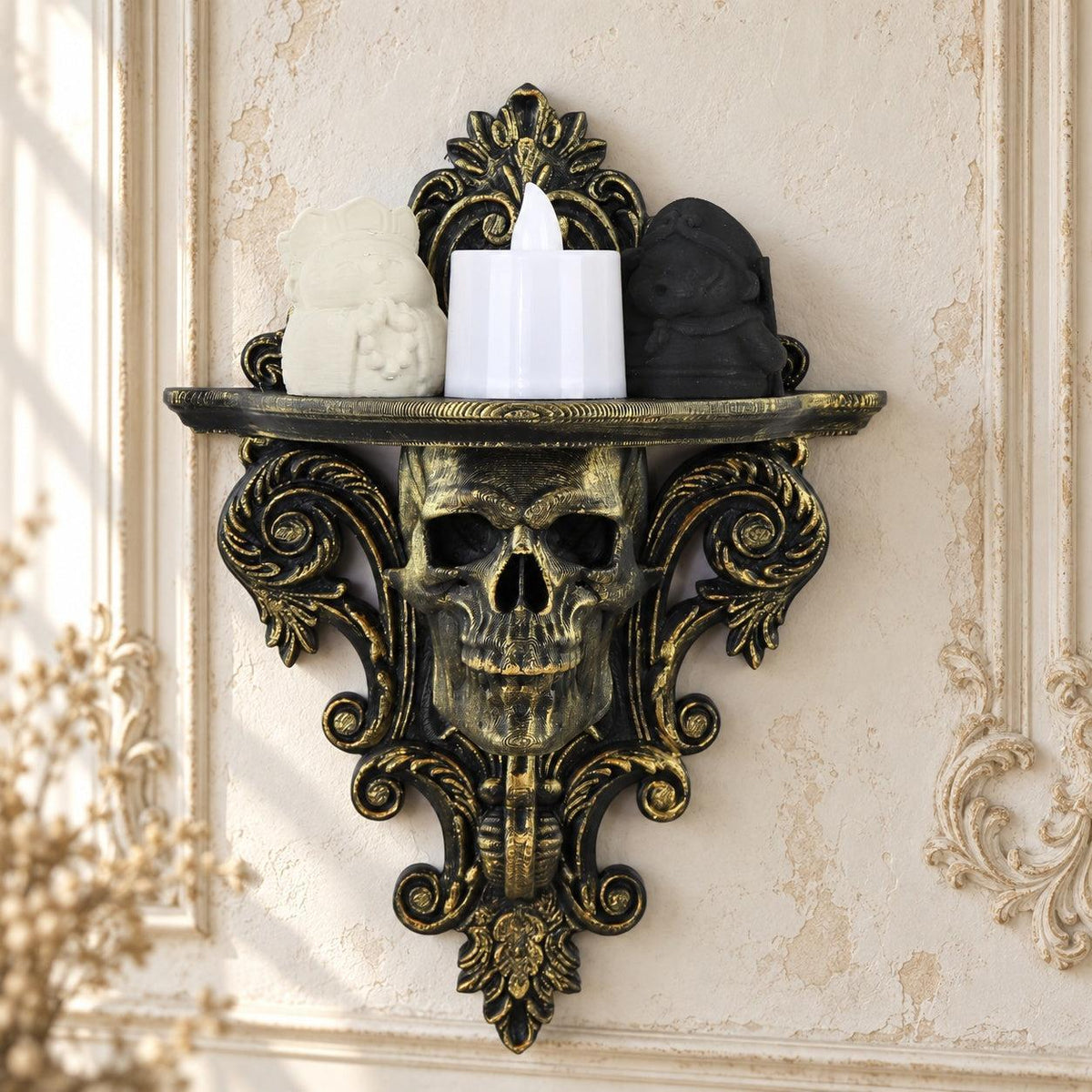 Gothic Skull Wall Mount Shelf Floating Display Shelf — original view 2 in a bright gothic vintage setting