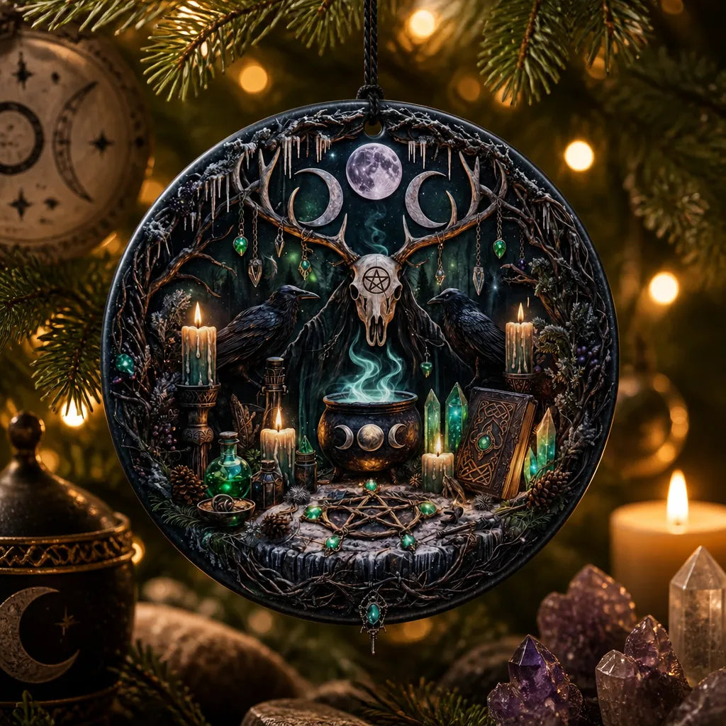Gothic Skull Wicca Yule Ceramic Ornament with Raven, Triple Moon – Halloween Witchy Christmas Ornament for Pagan_mockup_1.webp