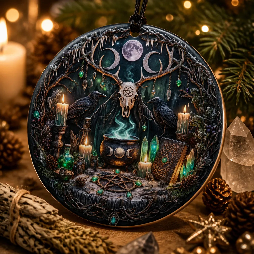Gothic Skull Wicca Yule Ceramic Ornament with Raven, Triple Moon – Halloween Witchy Christmas Ornament for Pagan_mockup_2.webp