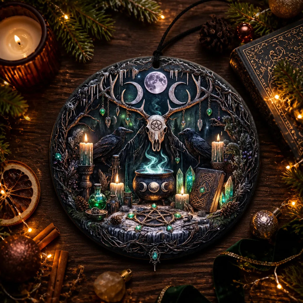 Gothic Skull Wicca Yule Ceramic Ornament with Raven, Triple Moon – Halloween Witchy Christmas Ornament for Pagan_mockup_3.webp