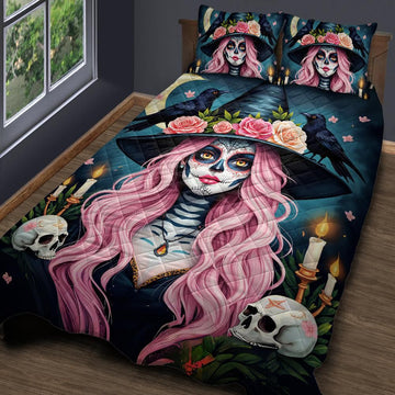 Gothic Skull Witch and Black Raven Halloween Quilt Bedding Set-MoonChildWorld