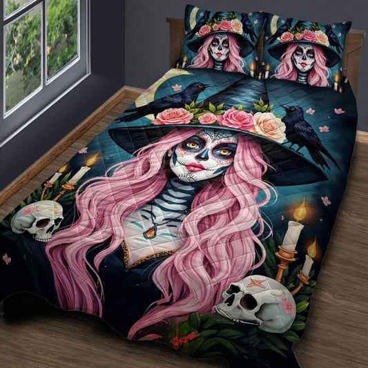 Gothic Skull Witch and Black Raven Halloween Quilt Bedding Set-MoonChildWorld