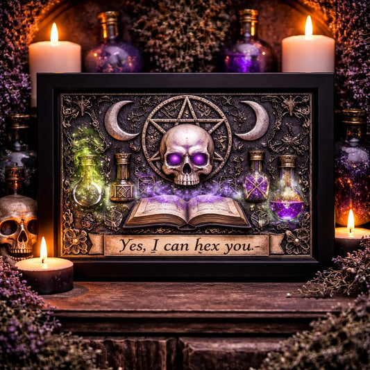 Black framed Gothic skull art print with glowing purple eyes, pentagram, moons, spellbook, potions, and "Yes, I can hex you." banner.