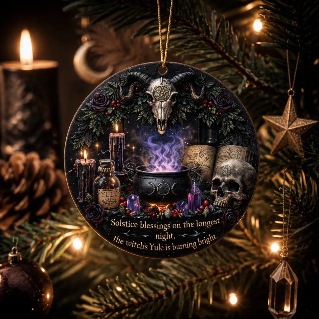Gothic Skull Yule Ceramic Ornament for Witch – Halloween Style Christmas Ornament_mockup_1.webp