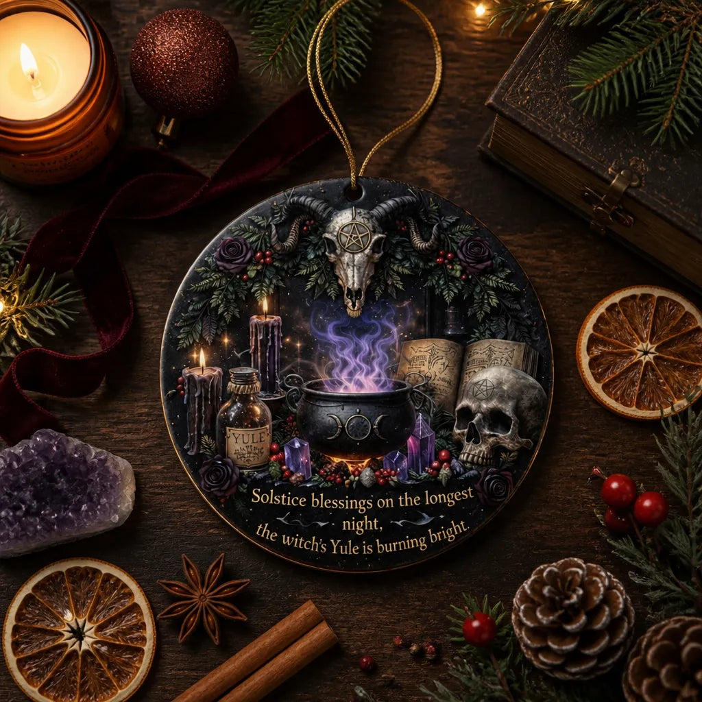Gothic Skull Yule Ceramic Ornament for Witch – Halloween Style Christmas Ornament_mockup_3.webp