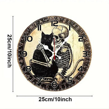 Gothic Skull and Black Cat Wooden Wall Clock Halloween Wall Decor-MoonChildWorld